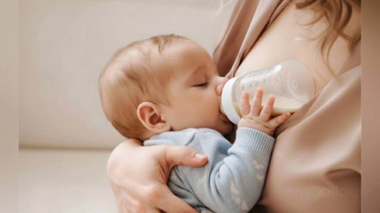 Искусственное вскармливание: малыш пьёт смесь из бутылочки, его кормят