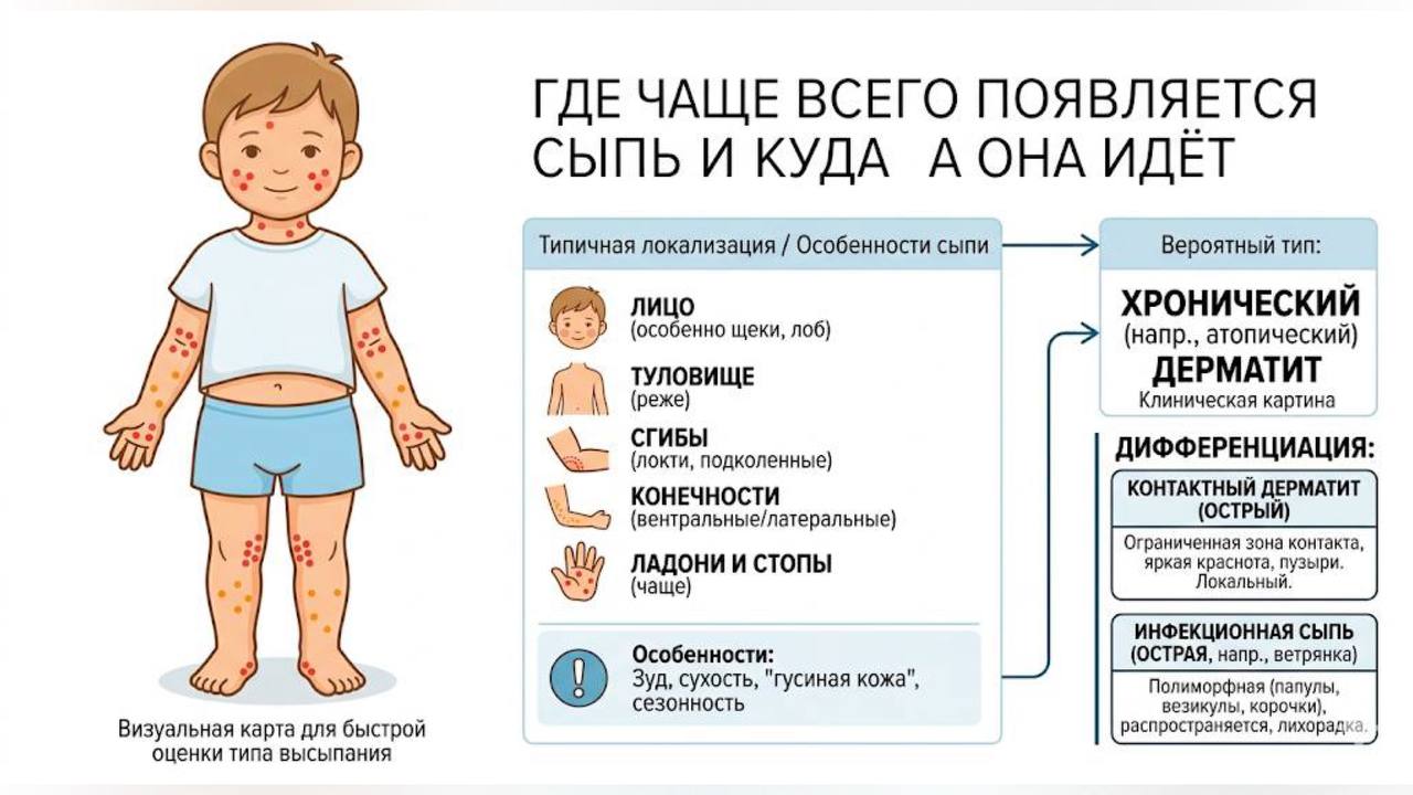 Схематическое изображение ребёнка с указанием мест появления сыпи: лицо, туловище, сгибы рук и ног, конечности, ладони и стопы