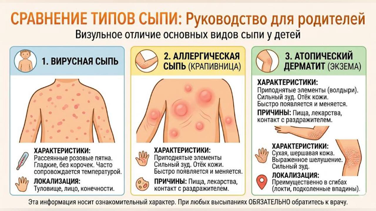 Сравнение видов детской сыпи: вирусная (розовые пятна на туловище), аллергическая (приподнятые элементы с зудом), атопический дерматит (сухие элементы в сгибах)