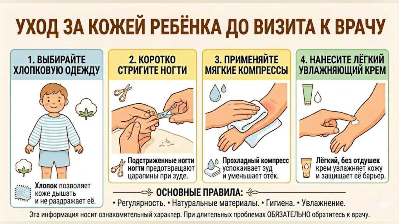 Ребёнок в хлопковой одежде с холодным компрессом на коже, коротко подстриженными ногтями и лёгким кремом — безопасный уход за сыпью дома